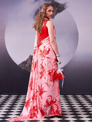 Red softness satin silk floral print with pearl lace border saree 4