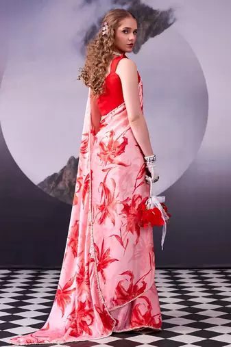 Red softness satin silk floral print with pearl lace border saree