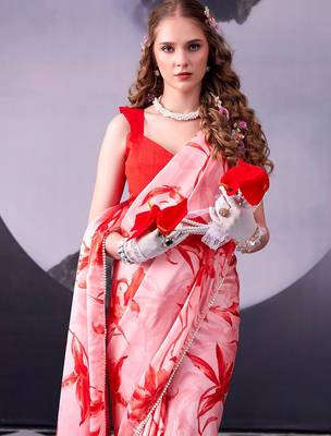 Red softness satin silk floral print with pearl lace border saree 5