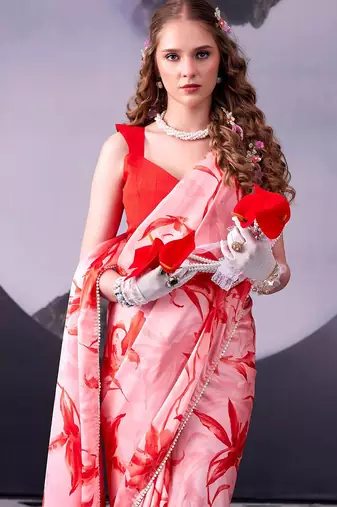 Red softness satin silk floral print with pearl lace border saree