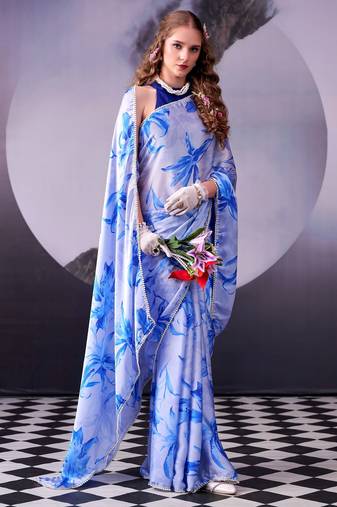 Sea blue softness satin silk floral print with pearl lace border saree