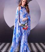 Sea blue softness satin silk floral print with pearl lace border saree
