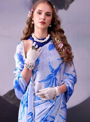 Sea blue softness satin silk floral print with pearl lace border saree 2