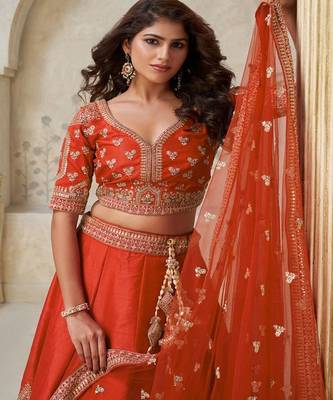 Embroidered Sequinned Semi Stitched Lehenga & Unstitched Blouse With Dupatta 3