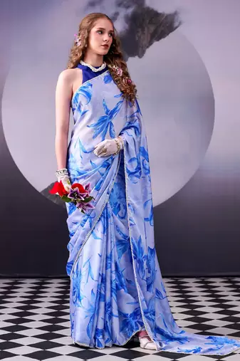 Sea blue softness satin silk floral print with pearl lace border saree