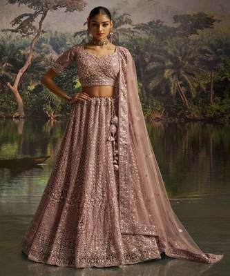 Embroidered Sequinned Semi Stitched Net Lehenga & Unstitched Blouse With Dupatta 1