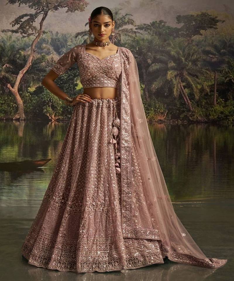 Embroidered Sequinned Semi Stitched Net Lehenga & Unstitched Blouse With Dupatta