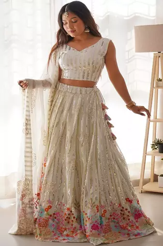 Embroidered Sequinned Semi Stitched Lehenga & Unstitched Blouse With Dupatta