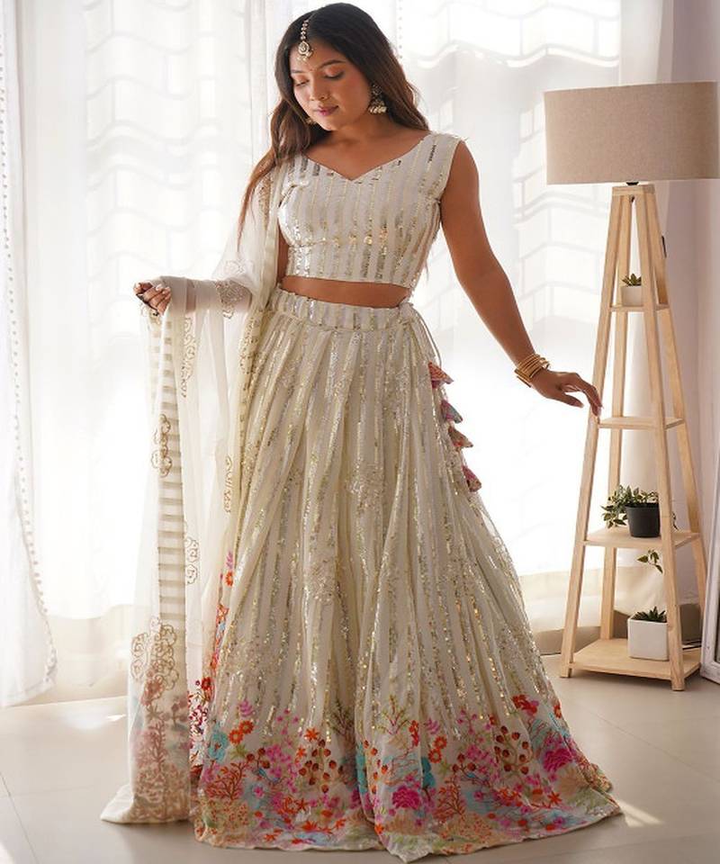 Embroidered Sequinned Semi Stitched Lehenga & Unstitched Blouse With Dupatta