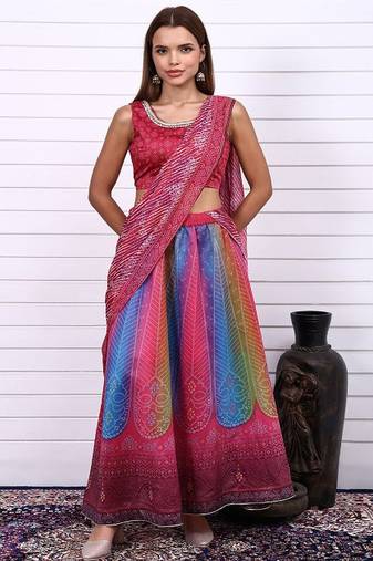 Bandhni Printed Sequins Ready to Wear Lehenga & Blouse With Dupatta