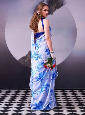Sea blue softness satin silk floral print with pearl lace border saree 4