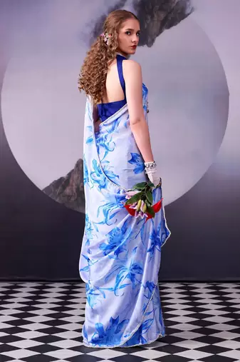 Sea blue softness satin silk floral print with pearl lace border saree