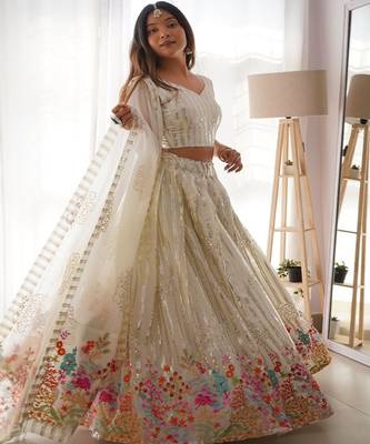Embroidered Sequinned Semi Stitched Lehenga & Unstitched Blouse With Dupatta 3
