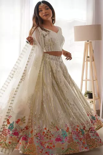 Embroidered Sequinned Semi Stitched Lehenga & Unstitched Blouse With Dupatta