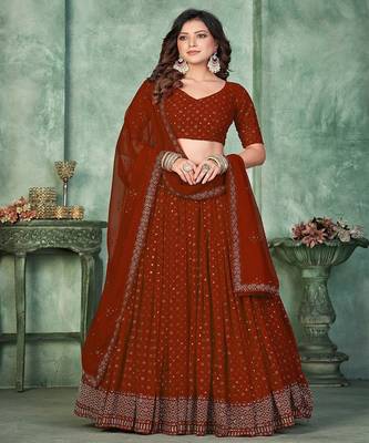 Embroidered Sequinned Semi Stitched Lehenga & Unstitched Blouse With Dupatta 1