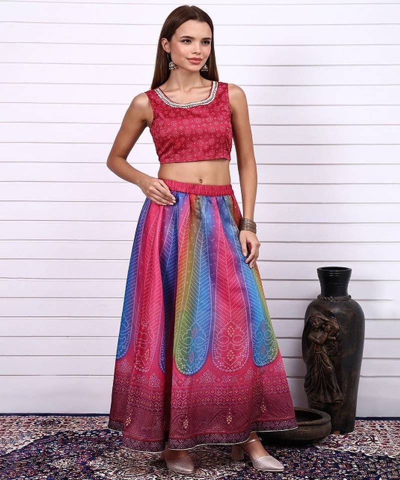 Bandhni Printed Sequins Ready to Wear Lehenga & Blouse With Dupatta