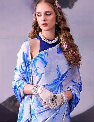 Sea blue softness satin silk floral print with pearl lace border saree 5