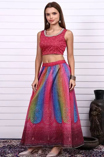 Bandhni Printed Sequins Ready to Wear Lehenga & Blouse With Dupatta