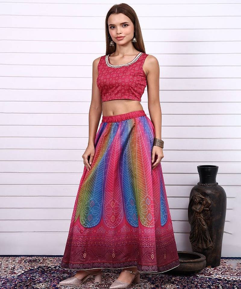 Bandhni Printed Sequins Ready to Wear Lehenga & Blouse With Dupatta