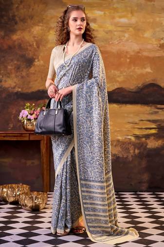 Blue elegance tussar silk printed saree with unstitched blouse