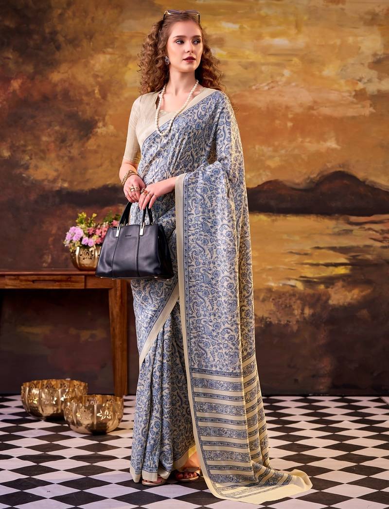 Blue elegance tussar silk printed saree with unstitched blouse
