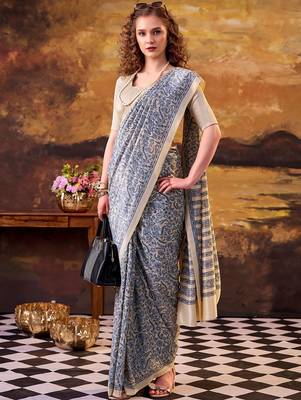 Blue elegance tussar silk printed saree with unstitched blouse 2