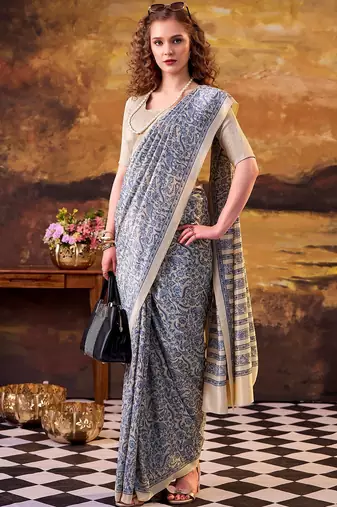 Blue elegance tussar silk printed saree with unstitched blouse