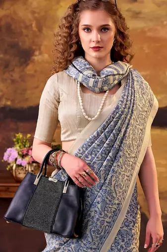 Blue elegance tussar silk printed saree with unstitched blouse