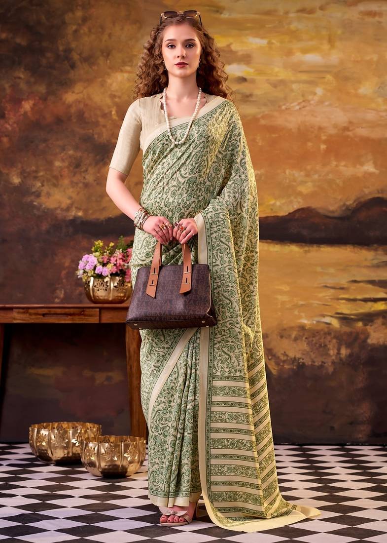 Green elegance tussar silk printed saree with unstitched blouse