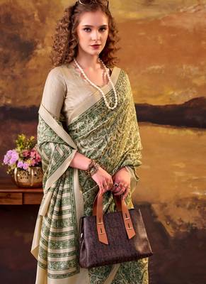 Green elegance tussar silk printed saree with unstitched blouse 2