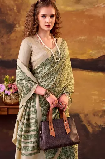 Green elegance tussar silk printed saree with unstitched blouse