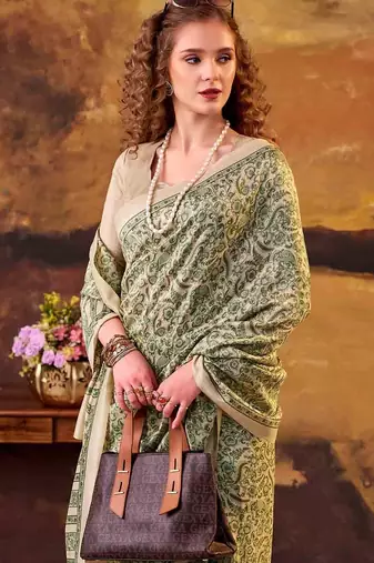 Green elegance tussar silk printed saree with unstitched blouse