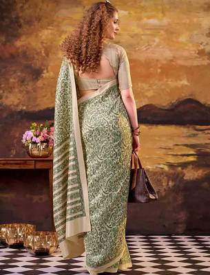 Green elegance tussar silk printed saree with unstitched blouse 5