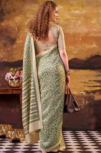 Green elegance tussar silk printed saree with unstitched blouse