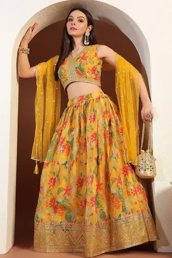 Embroidered Printed Georgette Lehenga Choli With Dupatta