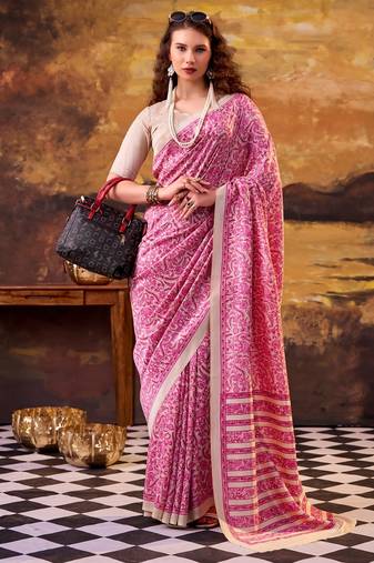 Pink elegance tussar silk printed saree with unstitched blouse