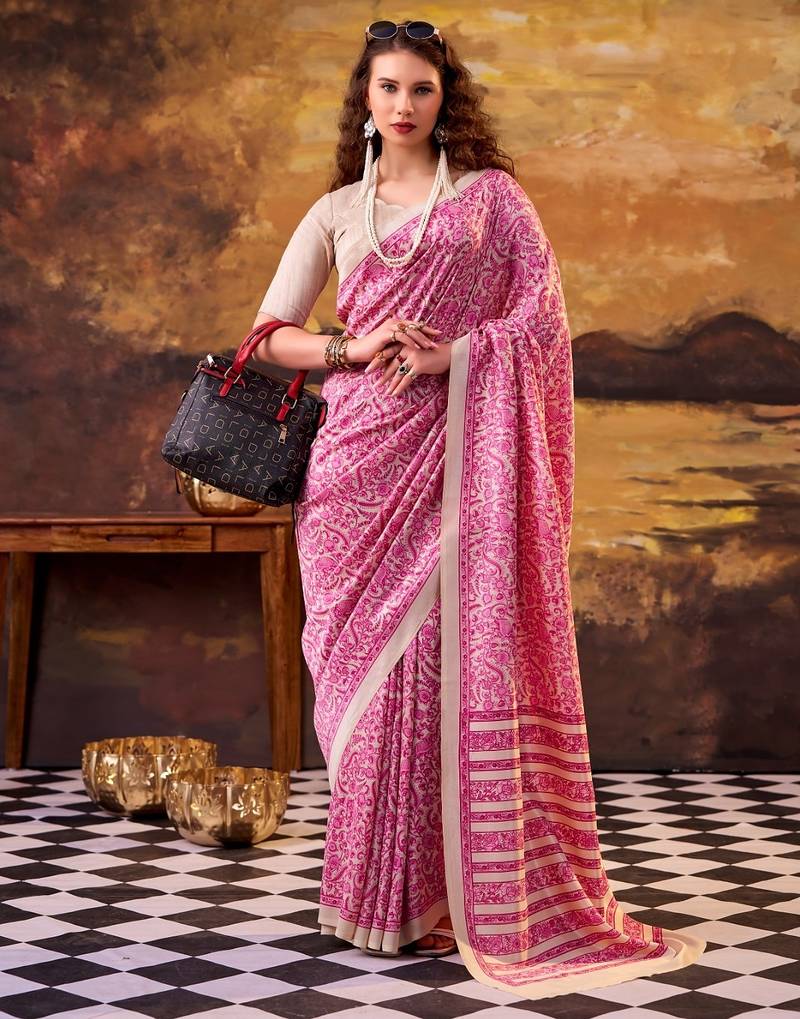 Pink elegance tussar silk printed saree with unstitched blouse