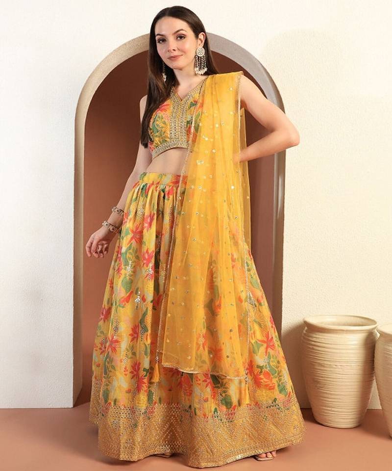 Embroidered Printed Georgette Lehenga Choli With Dupatta