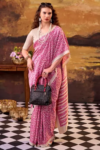 Pink elegance tussar silk printed saree with unstitched blouse