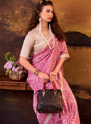 Pink elegance tussar silk printed saree with unstitched blouse 3