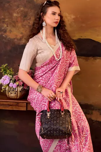 Pink elegance tussar silk printed saree with unstitched blouse