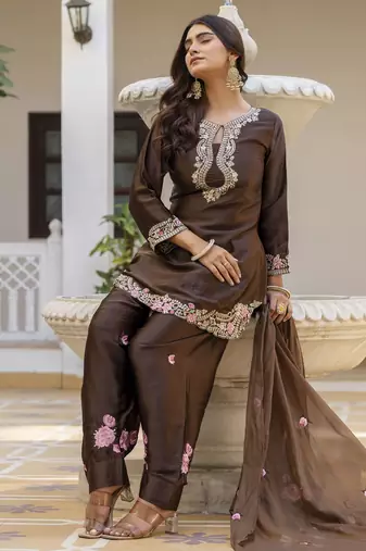 Chocolate brown embroidered japan satin stitched kurti set with dupatta & patiyala pant