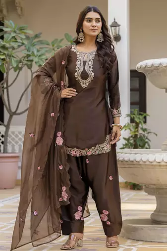 Chocolate brown embroidered japan satin stitched kurti set with dupatta & patiyala pant