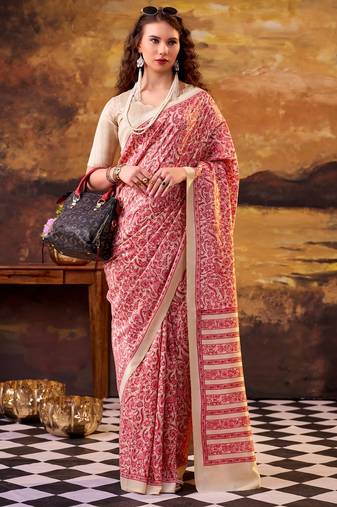 Salmon elegance tussar silk printed saree with unstitched blouse