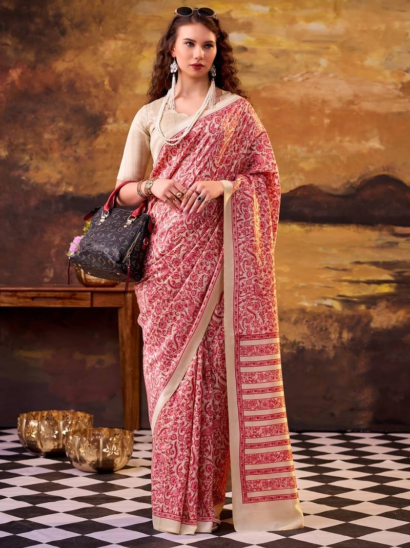 Salmon elegance tussar silk printed saree with unstitched blouse