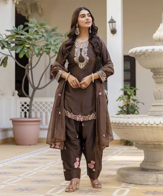 Chocolate brown embroidered japan satin stitched kurti set with dupatta & patiyala pant 4