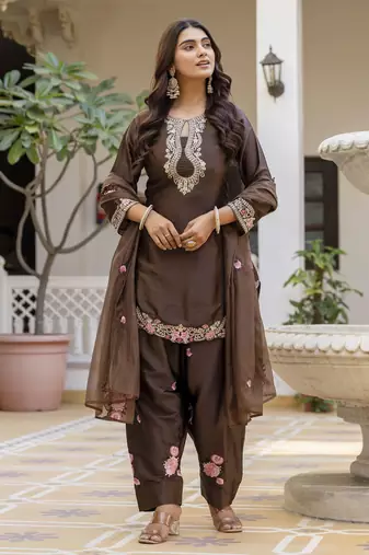 Chocolate brown embroidered japan satin stitched kurti set with dupatta & patiyala pant