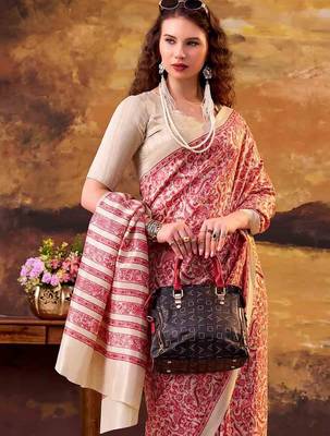Salmon elegance tussar silk printed saree with unstitched blouse 4