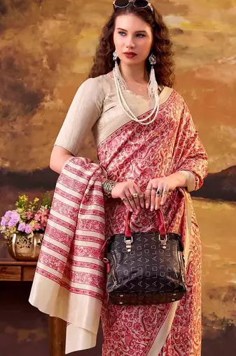 Salmon elegance tussar silk printed saree with unstitched blouse