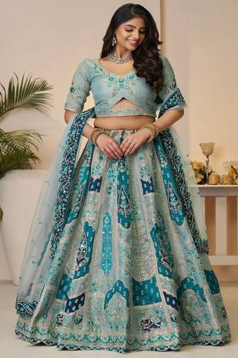 Embroidered Sequinned Semi Stitched Lehenga & Unstitched Blouse With Dupatta